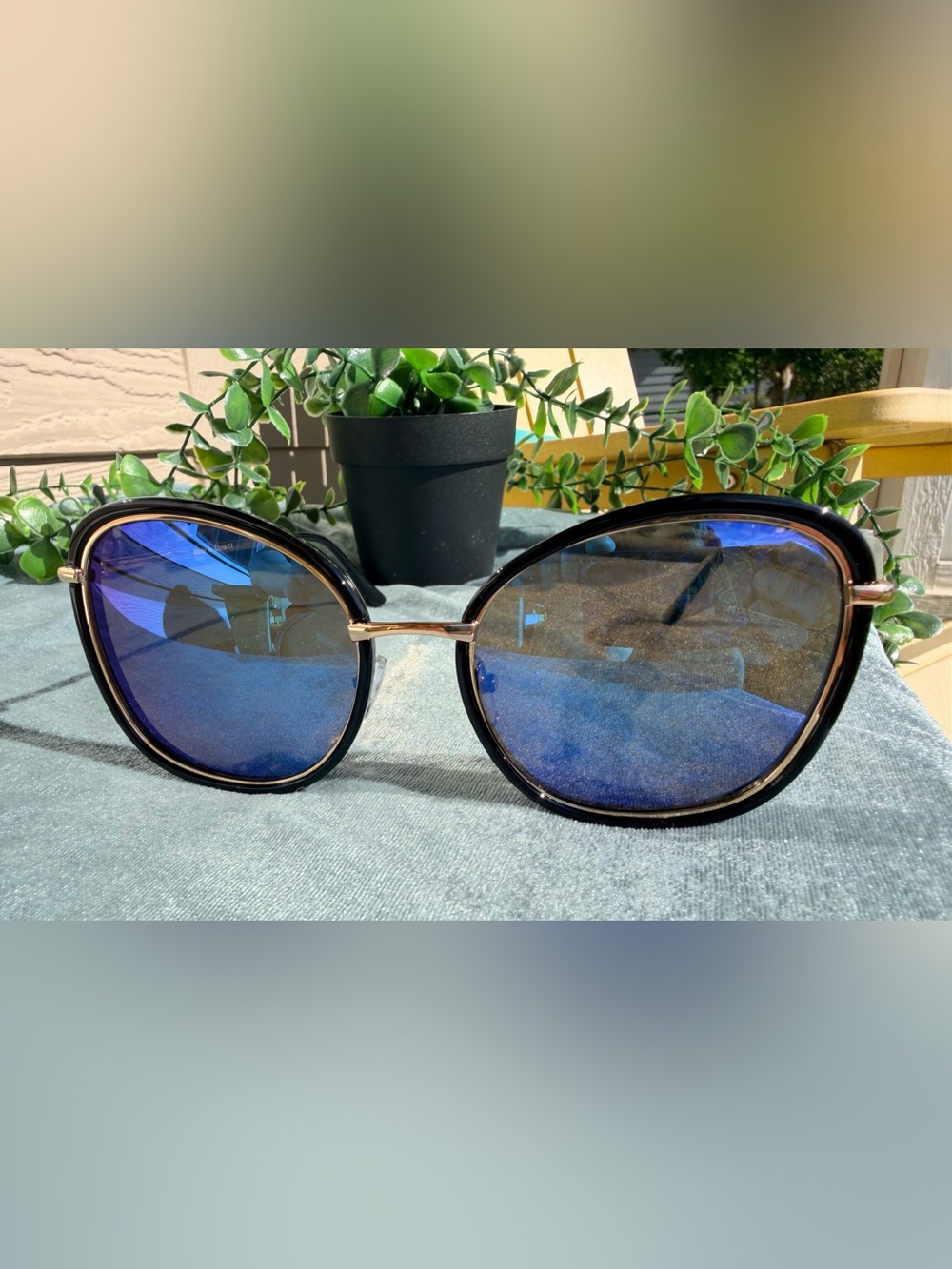 Oversized Blue Mirror Butterfly Sunglasses | Black & Gold Frames
